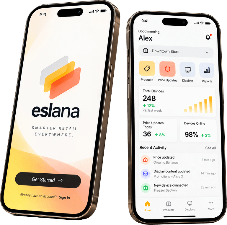 Two phones showing the eslana app dashboard and label status