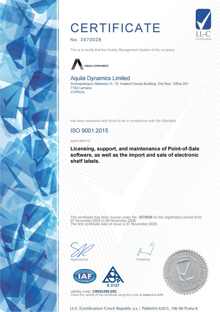 ISO 9001 certificate held by Aquila Dynamics Limited