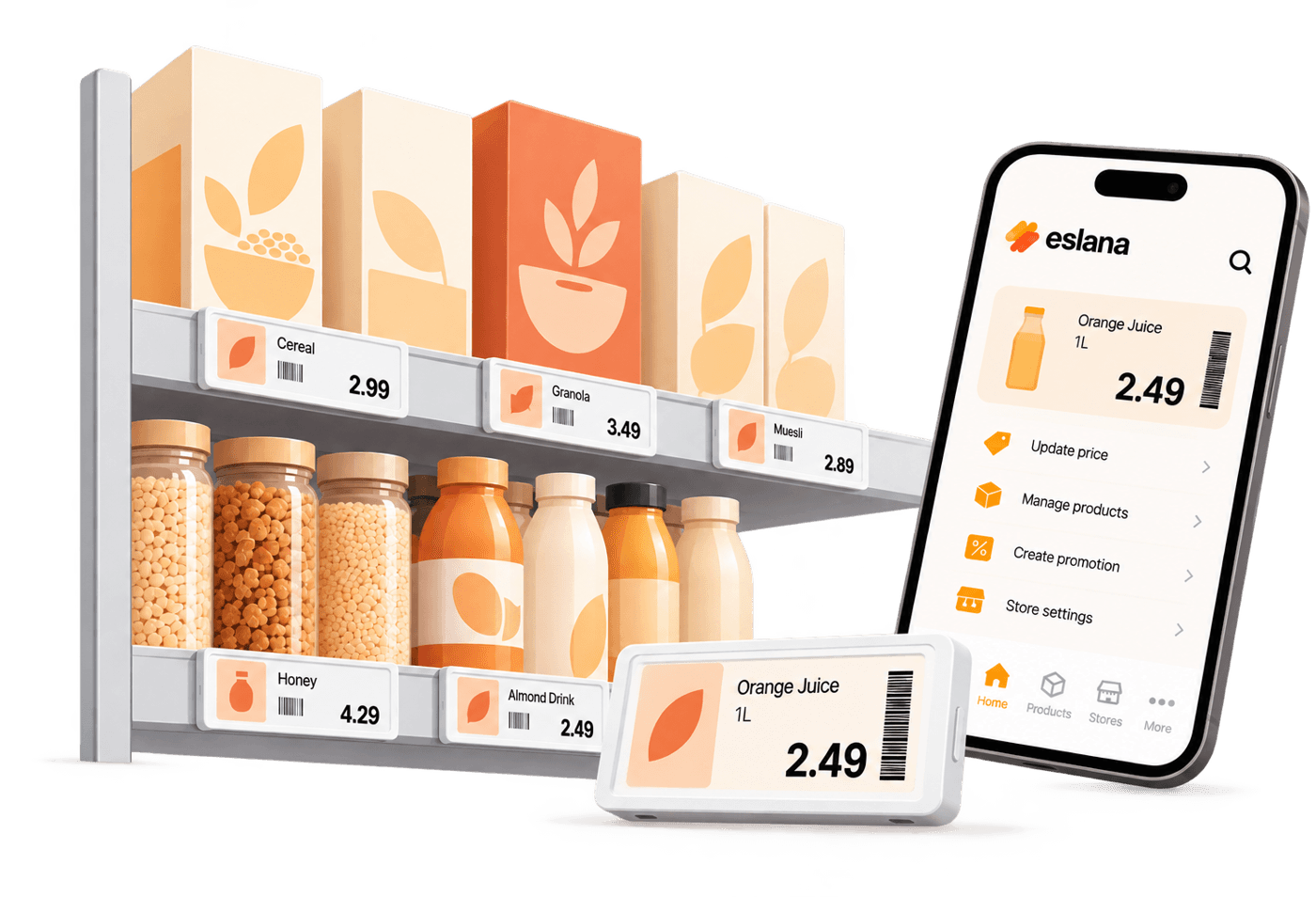 A shelf of groceries with eslana electronic shelf labels next to the eslana app on a phone